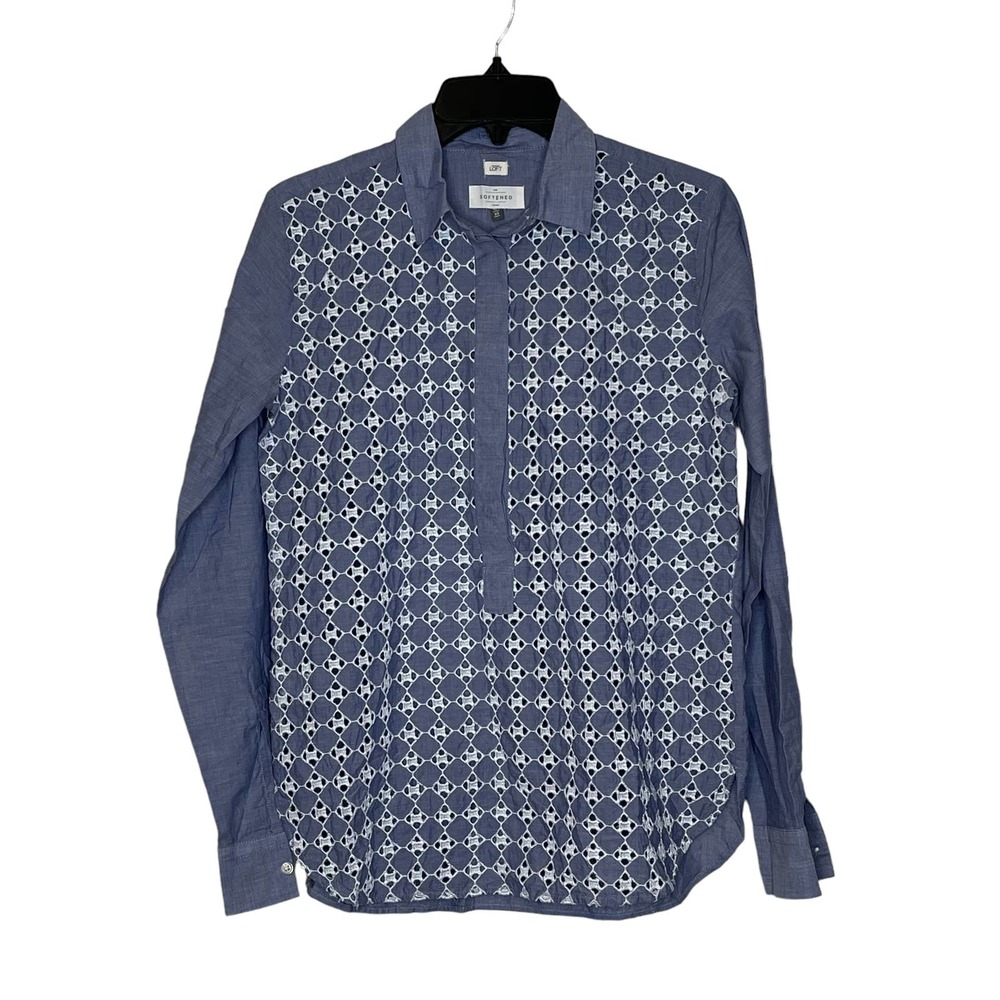 Loft‎ Ann Taylor The Softened Popover Shirt Chambray Eyelet Long Sleeve Women XS